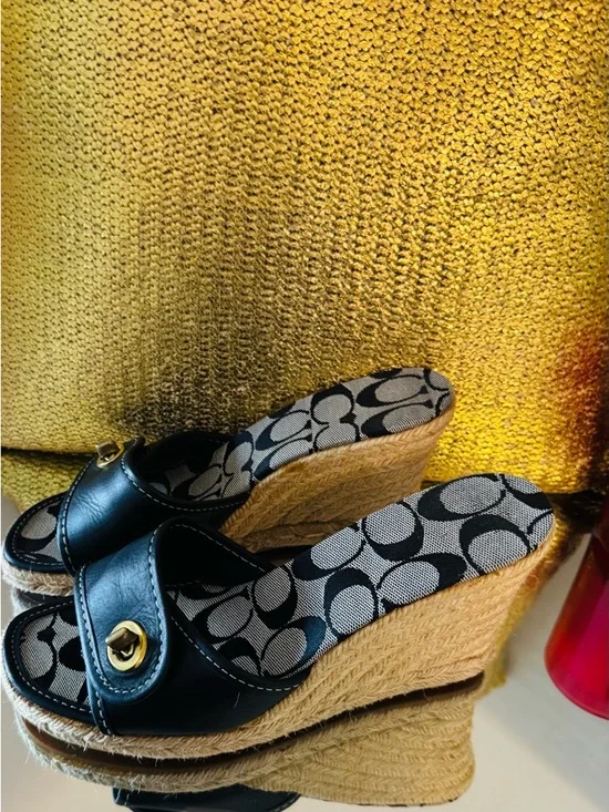 Coach Black Leather Wedge Sandals in Signature Print with Turn Lock Buckle - Picture 4 of 8